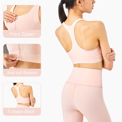Front Zipper Womens Sports Bra Shockproof High Impact Racerback Tops