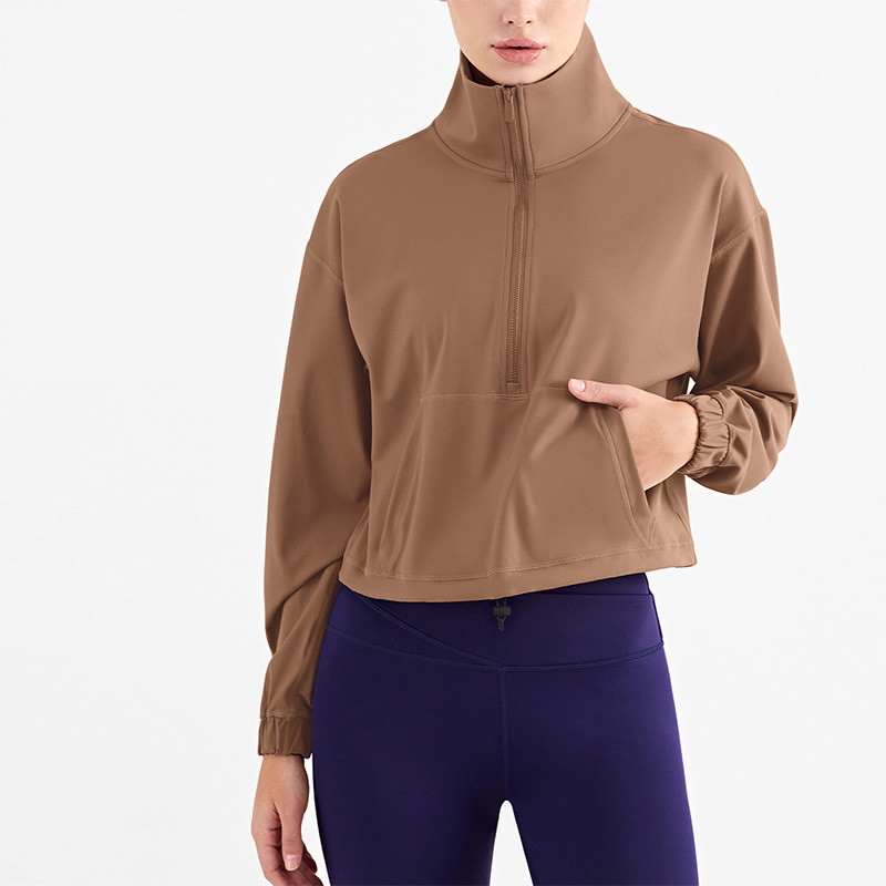 High Neck Nylon Leisure Ladies Yoga Tops Thicken Semi Zipper For Women